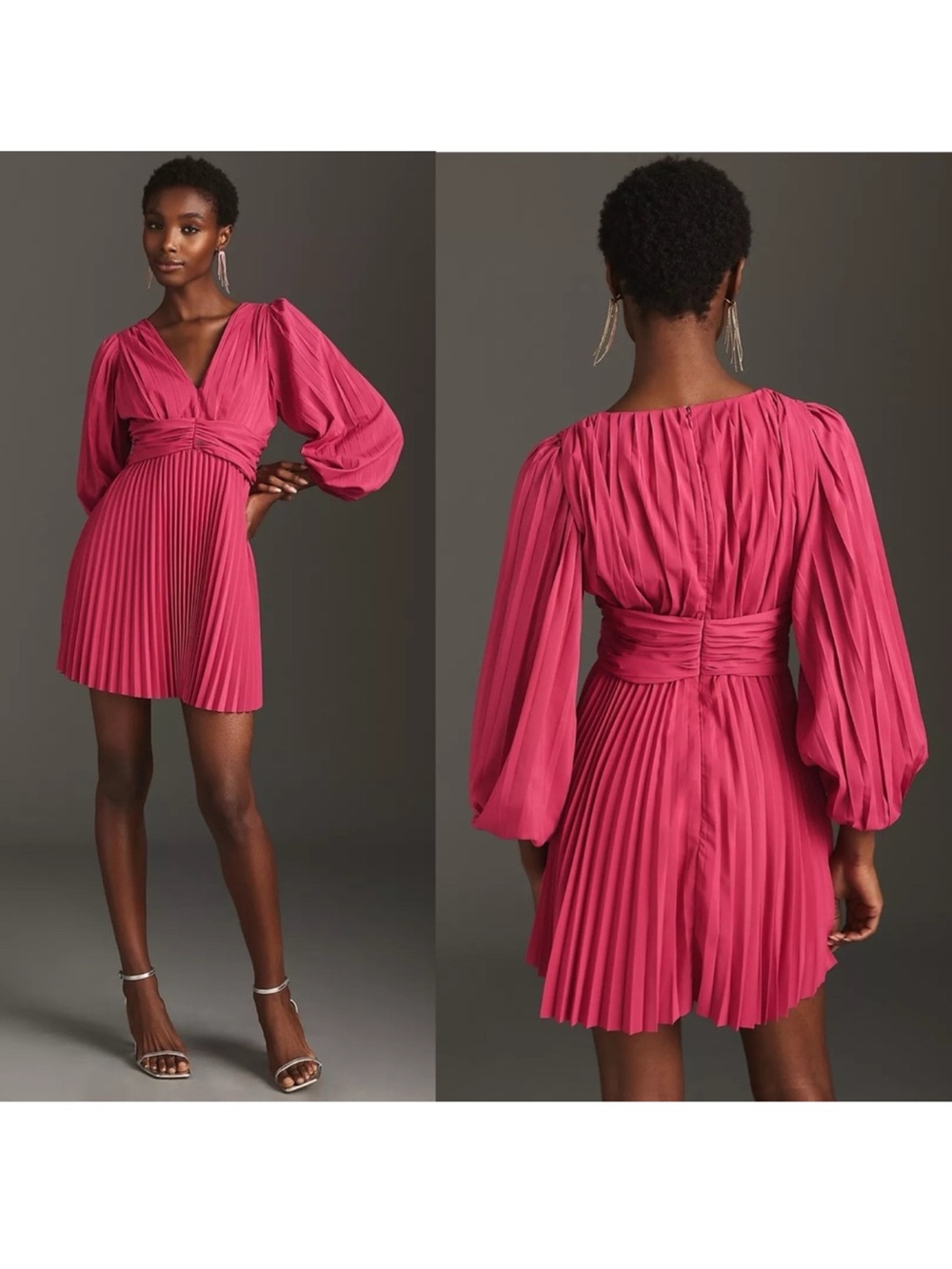 Aureta x Anthropologie Pink Pleated V-Neck Balloon Sleeve Dress Chiffon size M